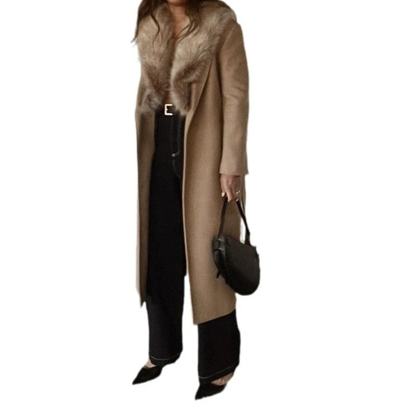 Manteau Long en laine à col en laine pour femme, manteau Long élégant, automne et hiver 2025