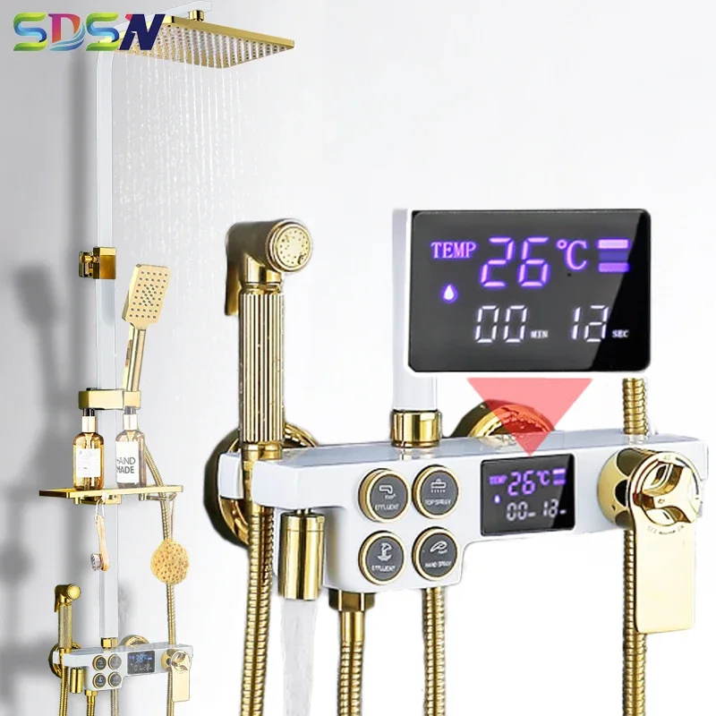 Hot Cold Digital Shower Set Quality Brass Bathroom Mixer Faucets 12 Inch Rainfall Shower Head White Thermostatic Shower System