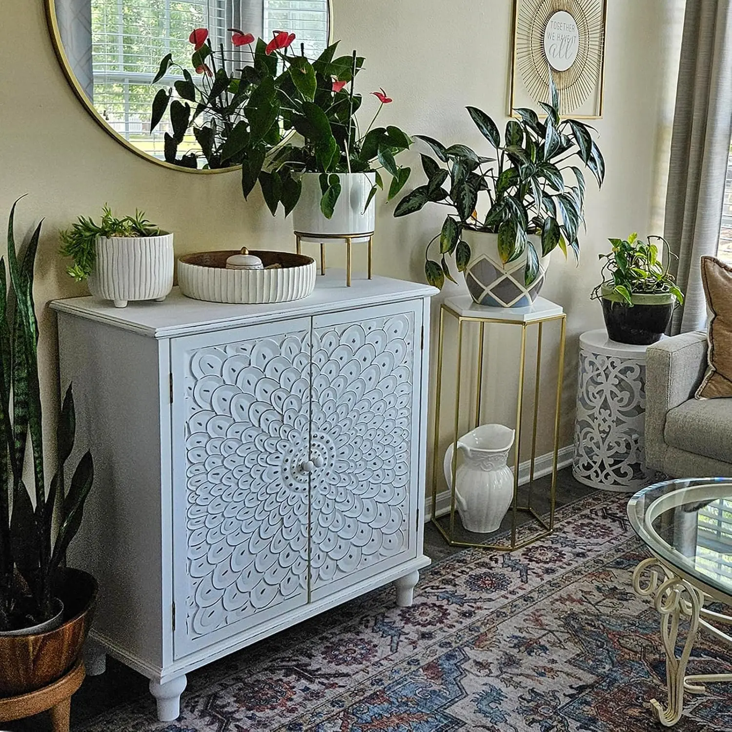 White Accent Cabinet with 2 Doors, Farmhouse Decorative Storage Cabinet with Solid Wood Legs Accent Sideboard Buffet