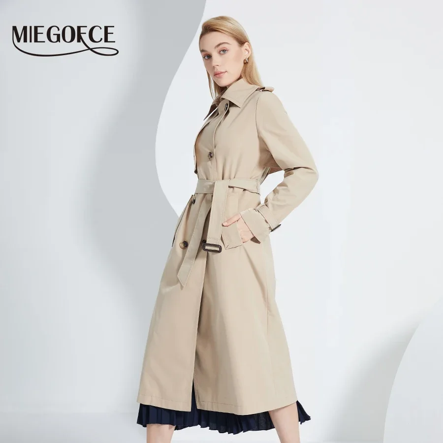 MIEGOFCE Women British Style Belted Long Trench Coat Solid Color Casual Commuter Windbreaker Spring Autumn F22501