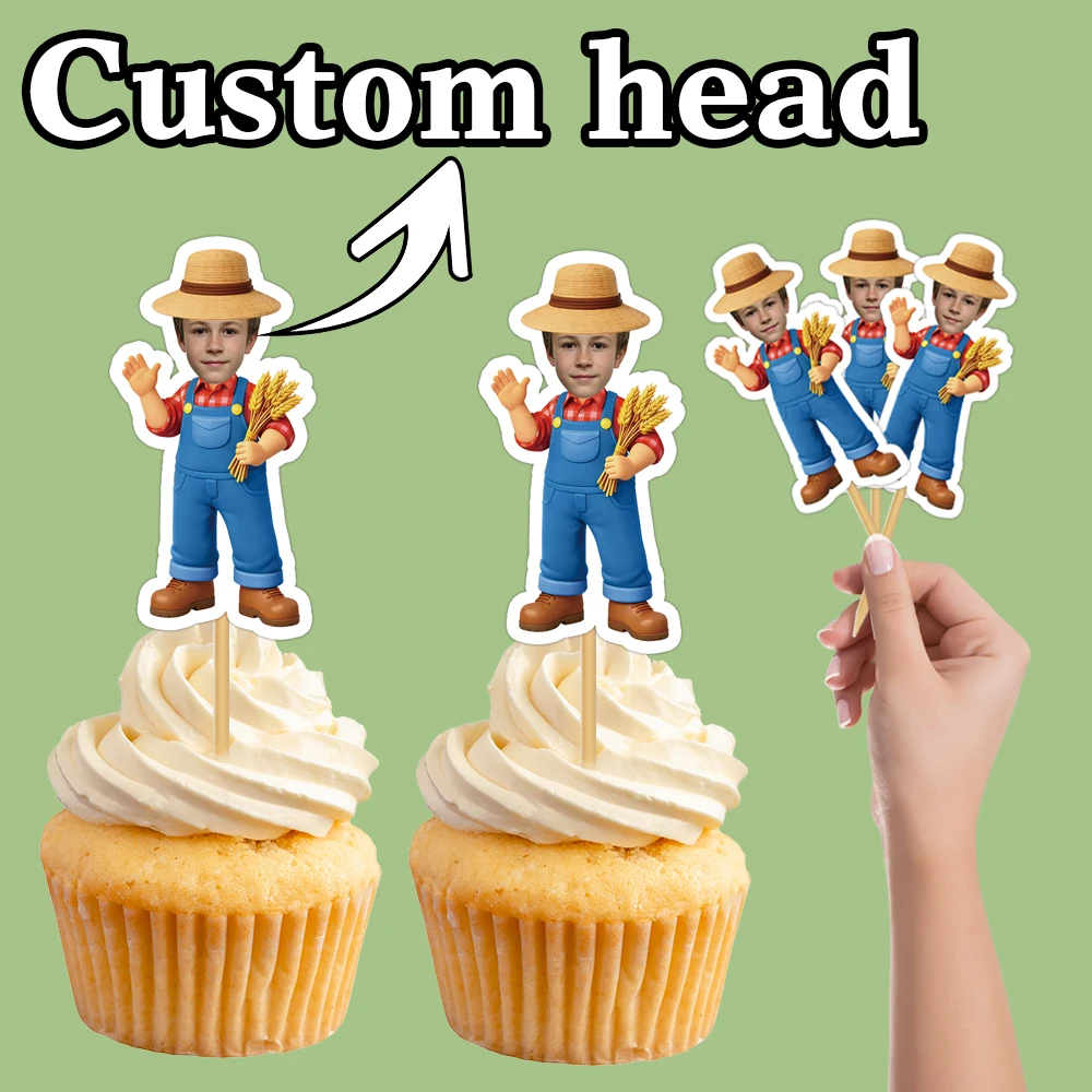6/12pcs Personalized Birthday Photo Cupcake topper custom Face Photo for Farm Farmer Themed Birthday Party Cake Decoration