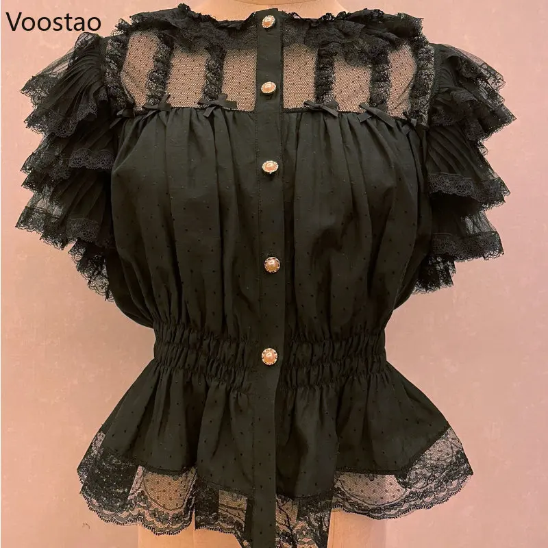 Victorian Vintage Lolita Princess Blouse Women Elegant Ruffles Short Sleeve Mesh Bow Slim Shirt Japanese Gothic Y2k Cute Tops