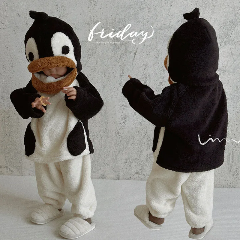 children\'s fleece home wear set New penguin plush suit Baby winter warm double-faced plush home wear set