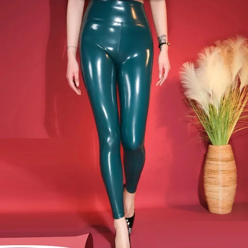Glossy Patent Leather Bodycon Pants Women Sexy Stretch PU Seamless Leggings Ladies Slim High Waist Trousers Clsubwear New Custom