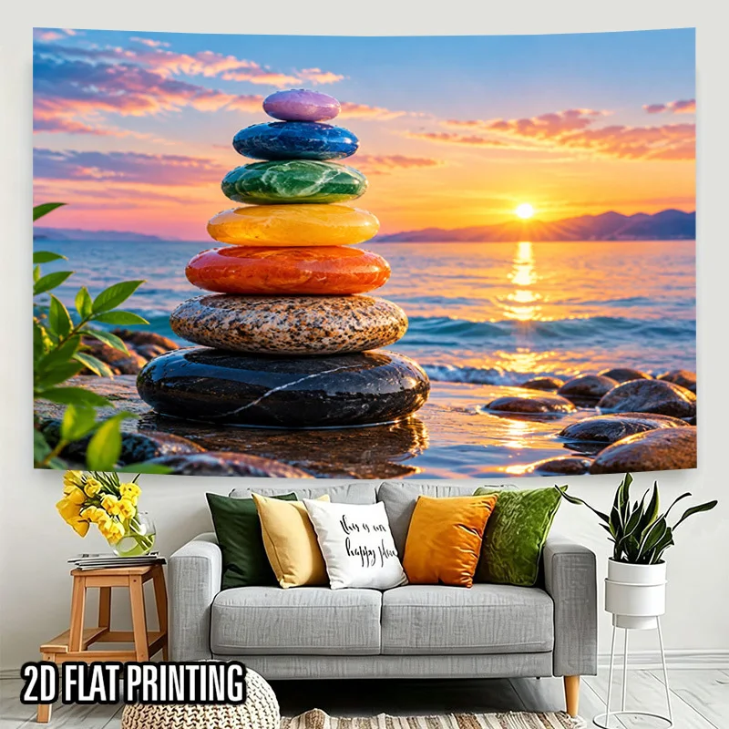 Chakra Stone Tapestry, Colorful Balance Stacked Stones Ocean Beach Sunset Meditation View Wall Hanging for Bedroom Living Room