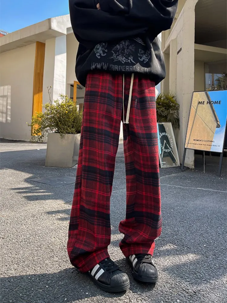 

Красные шерстяные мужские повседневные брюки в клетку, осенне-зимние, широкие, свободного кроя, струящиеся, в пол, комфортные, для отдыха