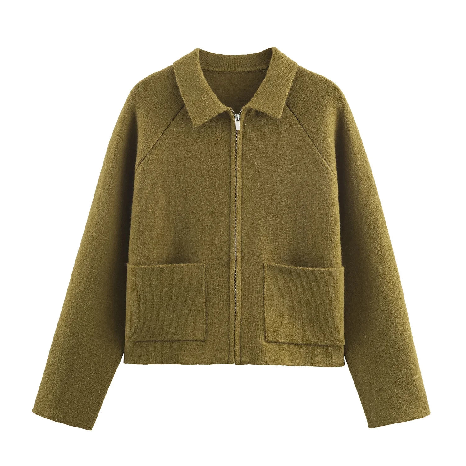 

2025 Winter New Women's Casual Fashion Simple Comfortable Commuter Flap Collar Long Sleeve Zipper Knitted Cardigan