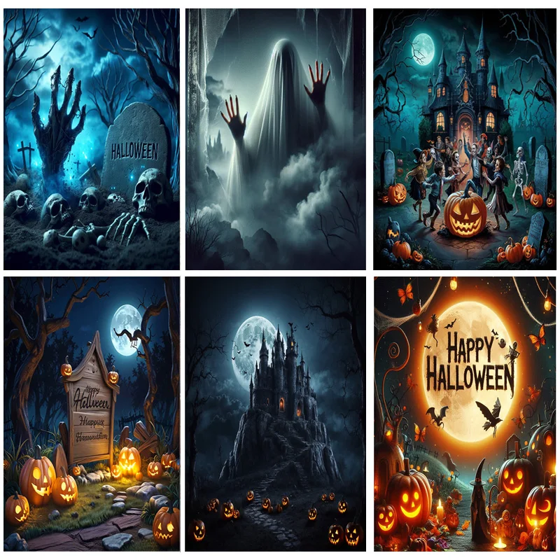 

Happy Halloween Party Backdrop Full Moon Scary Night Castle Graveyard Forest Bats Pumpkin Lantern Photography Background JS-2