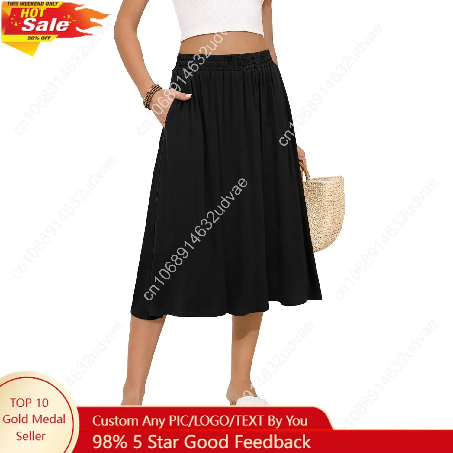 

Women's Midi Skirt Summer Flowy Elastic High Waisted Casual Pleated Skirts with Pockets