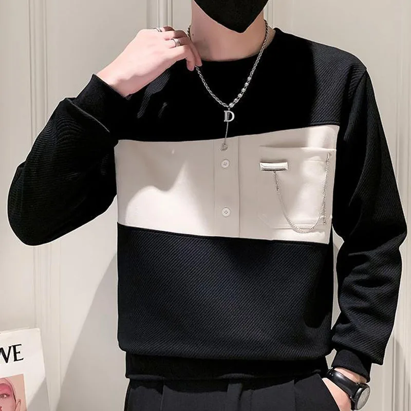 Spring and Autumn Fashion Trend Patchwork Color Contrast Round Neck Versatile Loose Casual Age Reducing Men\'s Long Sleeved Sweat