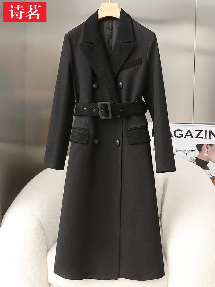 

2023 Spring and Autumn All Wool Worn Windbreaker Women's Coat Mid Length Slim Fit Temperament Personalized Genuine Leather Panel