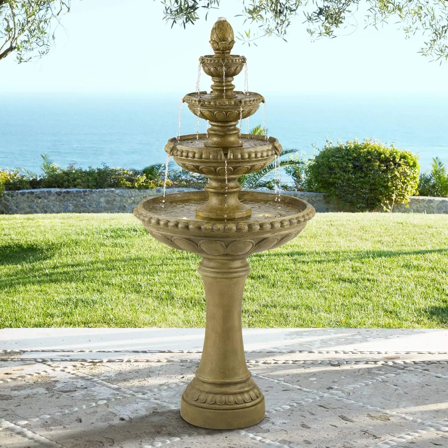 

Sag Harbor 66" High Large Italian Outdoor Decor Sand Stone Floor Fountain with Light LED Waterfall 4-Tier Standing, Customized