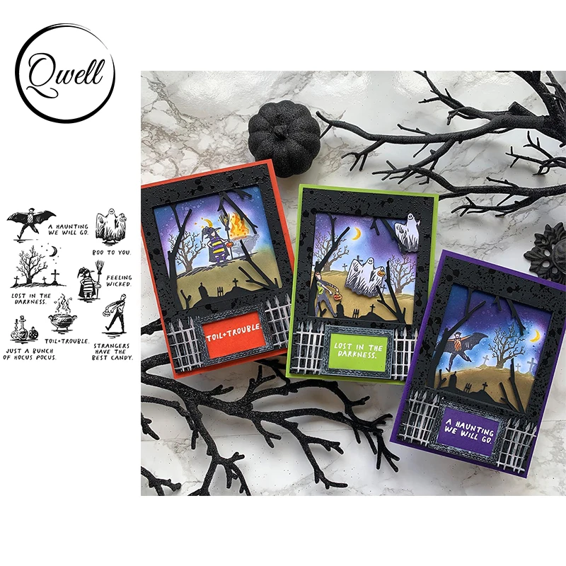 QWELL Witch Ghost Grave Spooky Scene Clear Transparent Stamps Poison Cauldron Pattern for DIY Paper Card Hallowmas Crafting