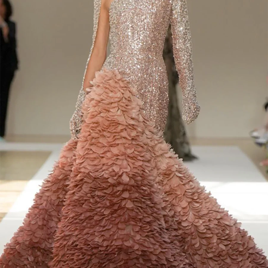 

Exquisite O-Neck Shiny Beads Sequined Full Sleeve Mermaid Formal Evening Dresses Birthday Party Prom Gowns Customized