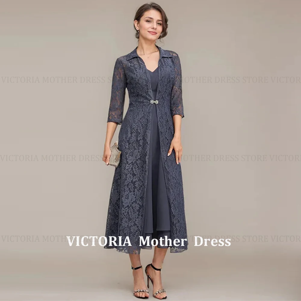 VICTORIA personalizado 2 piezas elegante vestido de madre de la novia encaje A-Line gasa vestido largo de invitados de boda vestidos de noche de fiesta