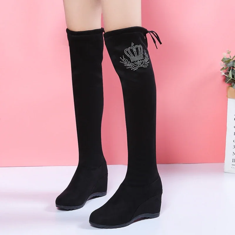 Suede Knee High Boots Women Skinny Fashion Stretch Boots Ladies High Heel Long Boots Comfy Winters Wedge Platform Boots Femme