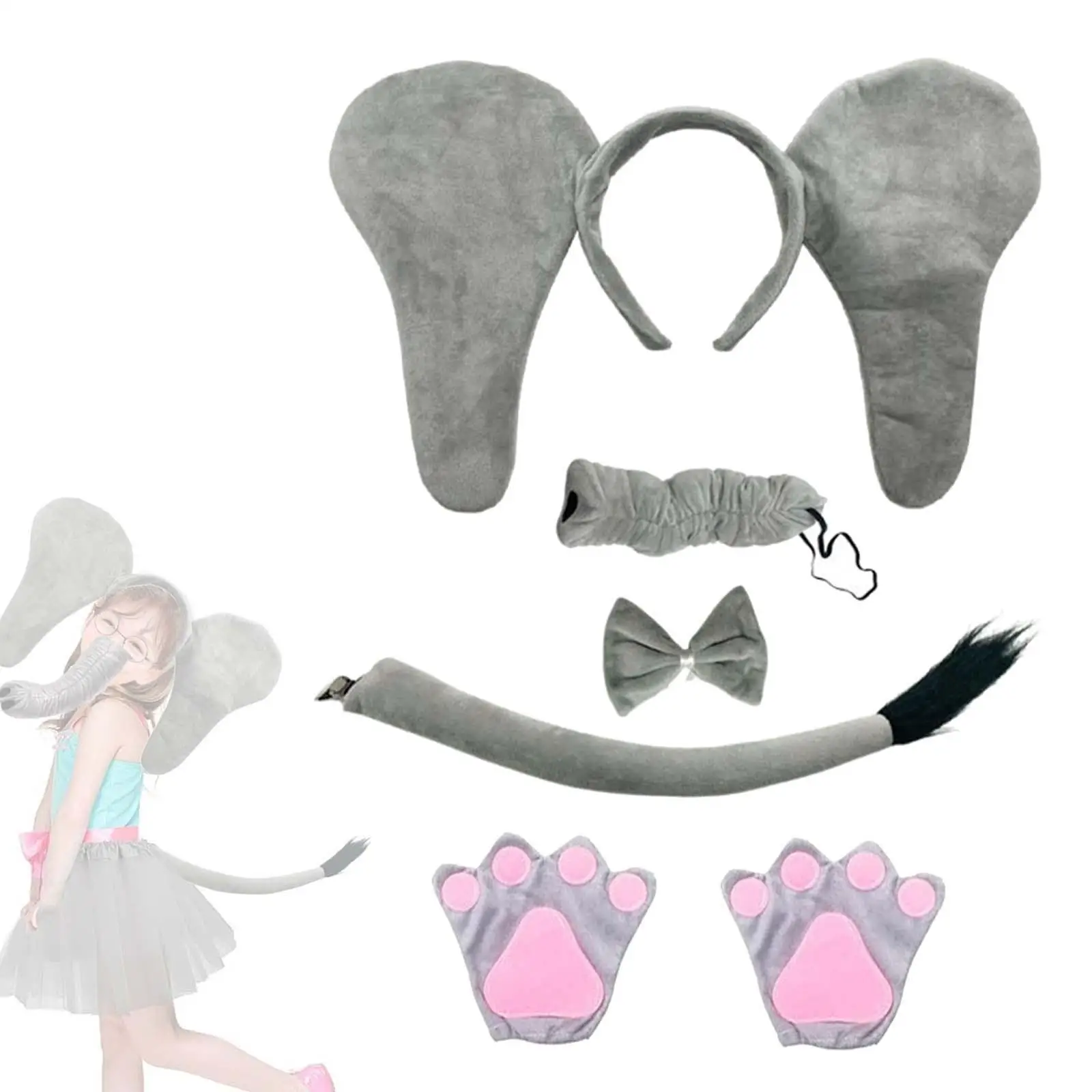 Kids Elephant Costume Set Cute Cartoon Fancy Dress Decorative Headband Nose Tail Bowtie Party Accessory for Performance New Year