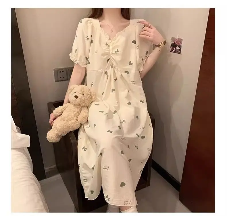 

Print Nightgowns Women Sweet Kawaii Girls Nightdress Princess Ruffles V Collar Short Sleeve Summer Lounge Wear Sleepwear Pad