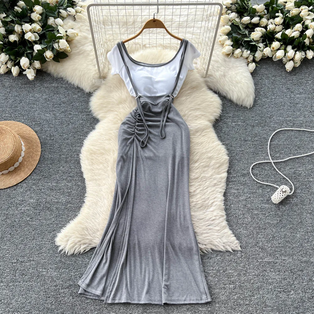 セクシーなスプリットスプライシングドレスシックなヴィンテージイブニングパーティークラブ女性シックな夏のフェアリーコアロングドレスセレモニードレス