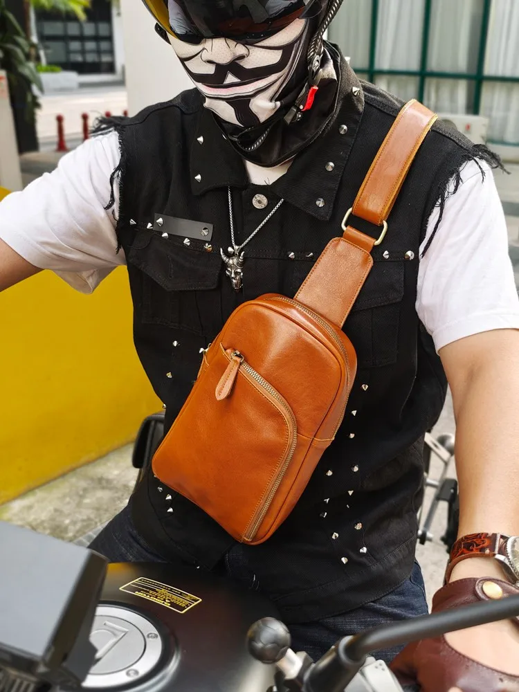 Designer Fashion Men New Versatile Zipper Genuine Leather Chest Bag Crossbody Shoulder Bags Retro Casual Male Biker Travel Bag