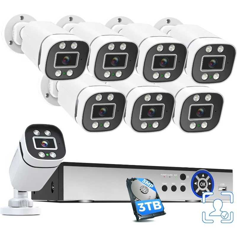 Security Camera System 8ch Wired Home Security Camera 8pcs Outdoor Security Cameras with Indoor H. 265+ DVR