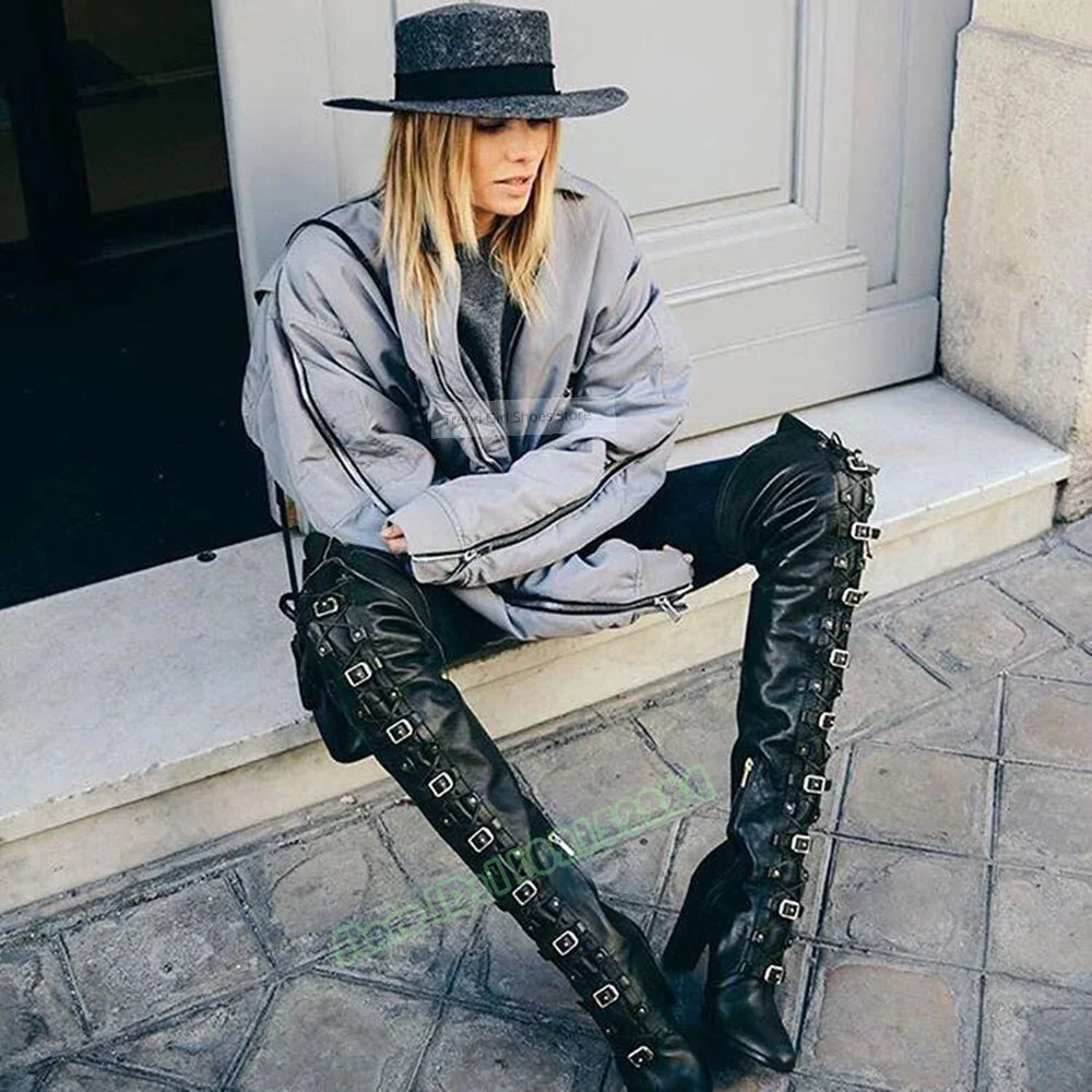 

Buckles Leather Straps Boots Over The Knee Pointy Toe Solid Thick High Heels Boots Women Sexy Shoes Lace Up Party Casual Design