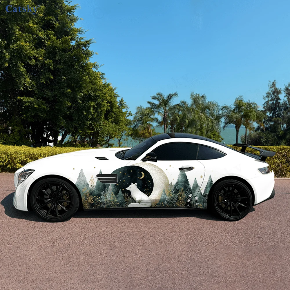 

White Fox Moon Forest Car Side Sticker Decoration, PVC Waterproof Scratch Resistant Decal, Car Protection, Auto Accessories Gift