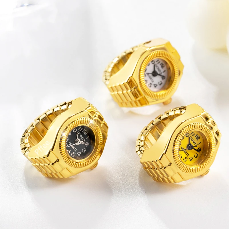 Gold Color Couple Rings Jewelry Clock Retro Quartz Watch Ring For Women Men Vintage Punk Finger Watches Mini Elastic Strap