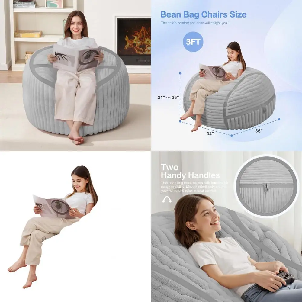 

Memory Foam Filled 3FT Bean Bag Chair for Adults - Soft Faux Fur Cover, Ideal for Home, Office, and Gaming Rooms - Light Grey