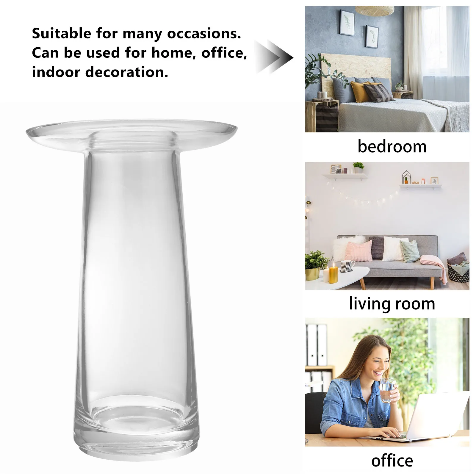 

1Pcs Glass Flower Vase Transparent Flat-Mouthed Arrangement Container for Home Office Decor Hydroponic Floral Display Creative