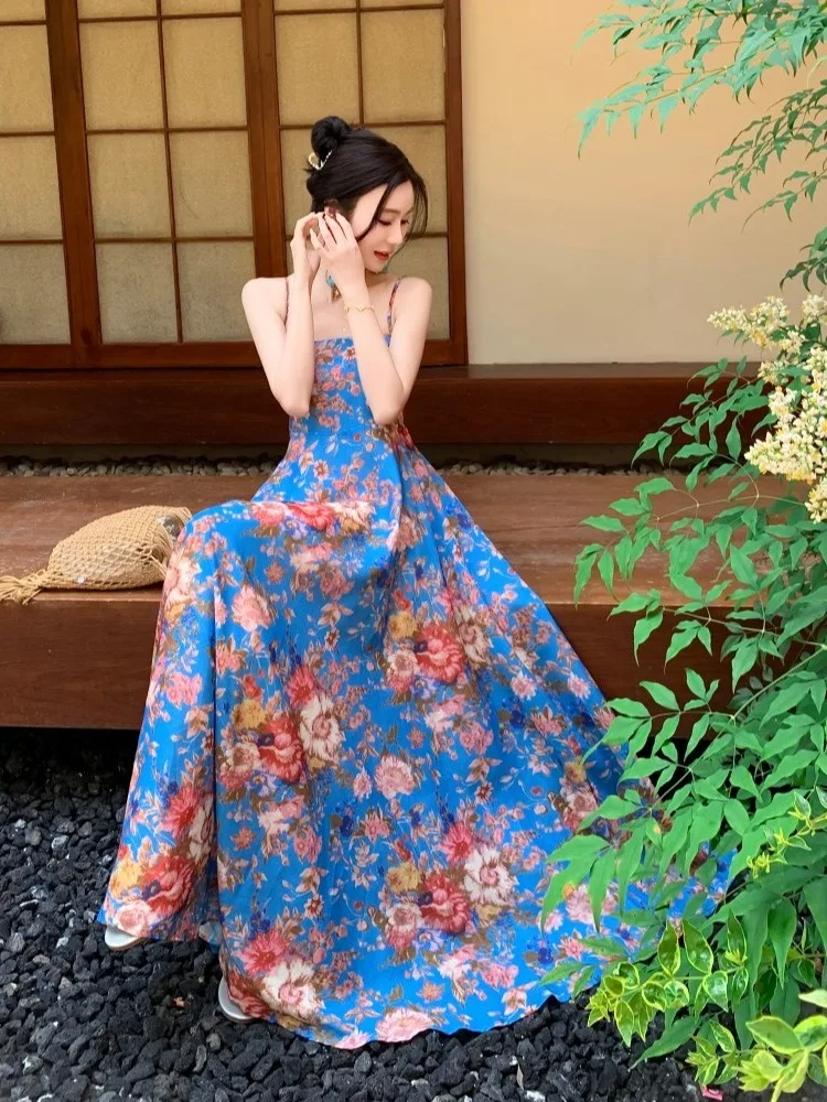 レトロな青い花柄プリントのテル・ド・ビーチ・ヴァイオン美しいユニークなルーズロングスカート夏の綿ポリエステル