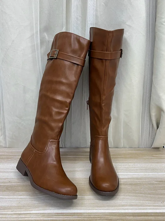 

Faionable round Toe Pure Color Low Heel Belt Bule Side Zipper Women's Boots High Tube All Match Faion Boots for Youth