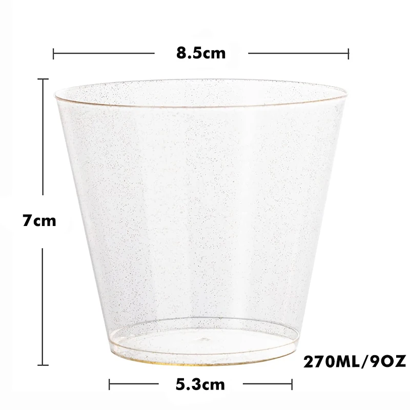 50/20Pcs Gold Glitter Plastic Cups, 9Oz Disposable Cups Clear Tumblers, Drinking Cups for Wedding, Anniversary, Shower & Parties