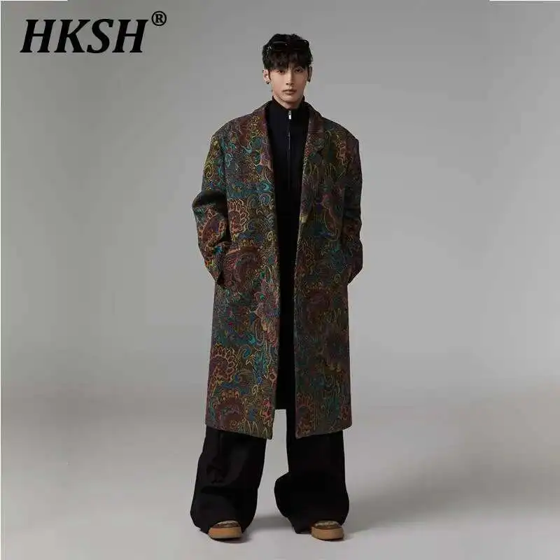 

HKSH Notched Collar Original Design Shoulder Pads Loose High Sense Med Length Retro Pattern Windbreaker Fashion Chic Coat HK3354