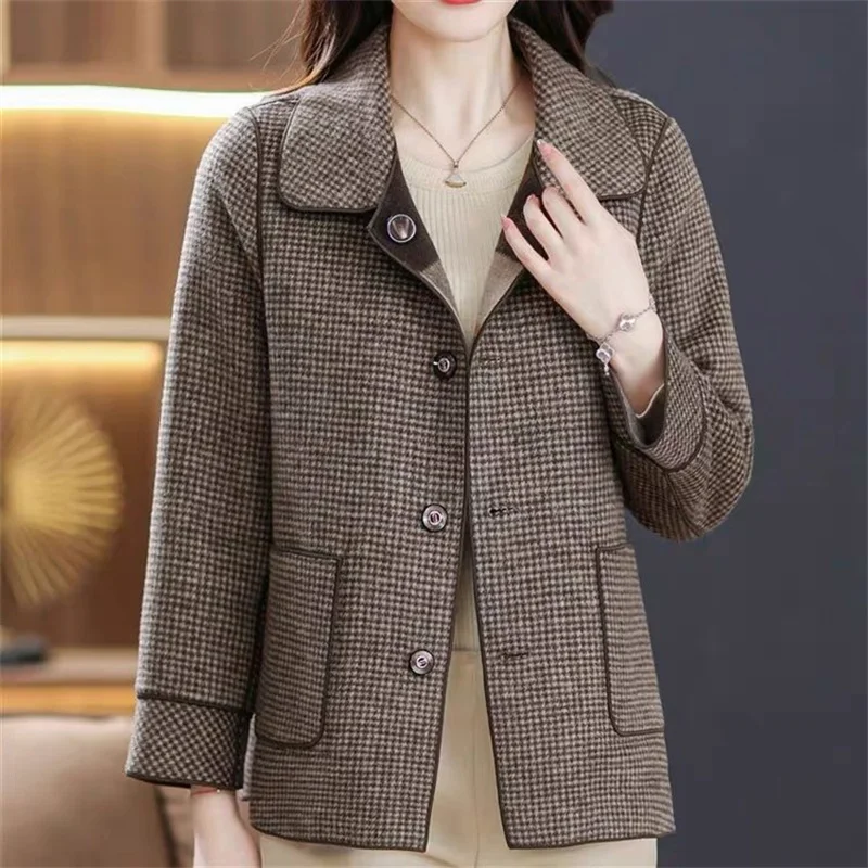 Mom's Spring Autumn Fashion Double Sided Wear Cashmere Woolen Coat Middle Aged Women's Short Wool Jacket Elegant Temperament Top