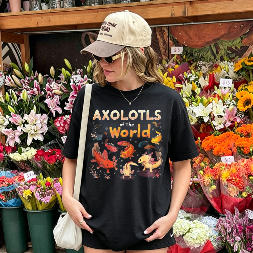 Axolotls of The World Colorful Cartoon Axolotl Group Print T Shirt Cute Amphibian Cotton Tee Animal Lover Cottagecore Casual Top