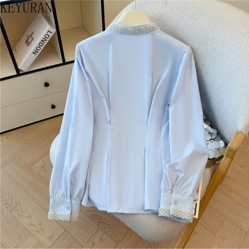 Camicie e camicette a maniche lunghe con scollo a V con perline primavera autunno Top da donna Moda coreana Vintage Solid Elegante Blusas Mujer Camisas