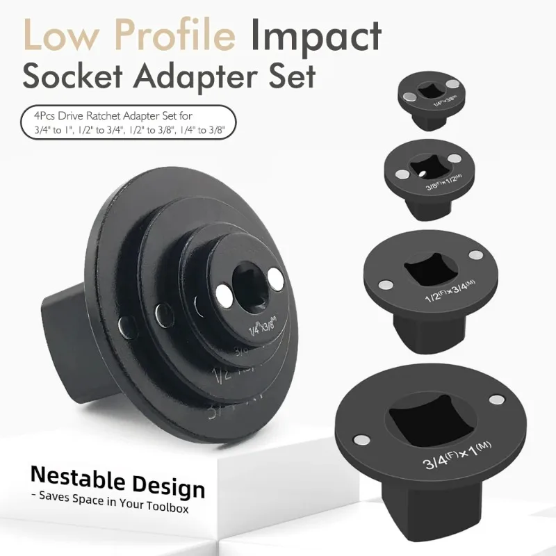 

Low-Profile 4-Piece Impact Socket Adapter Set: 3/4-1, 1/2-3/4, 1/2-3/8, 1/4-3/8