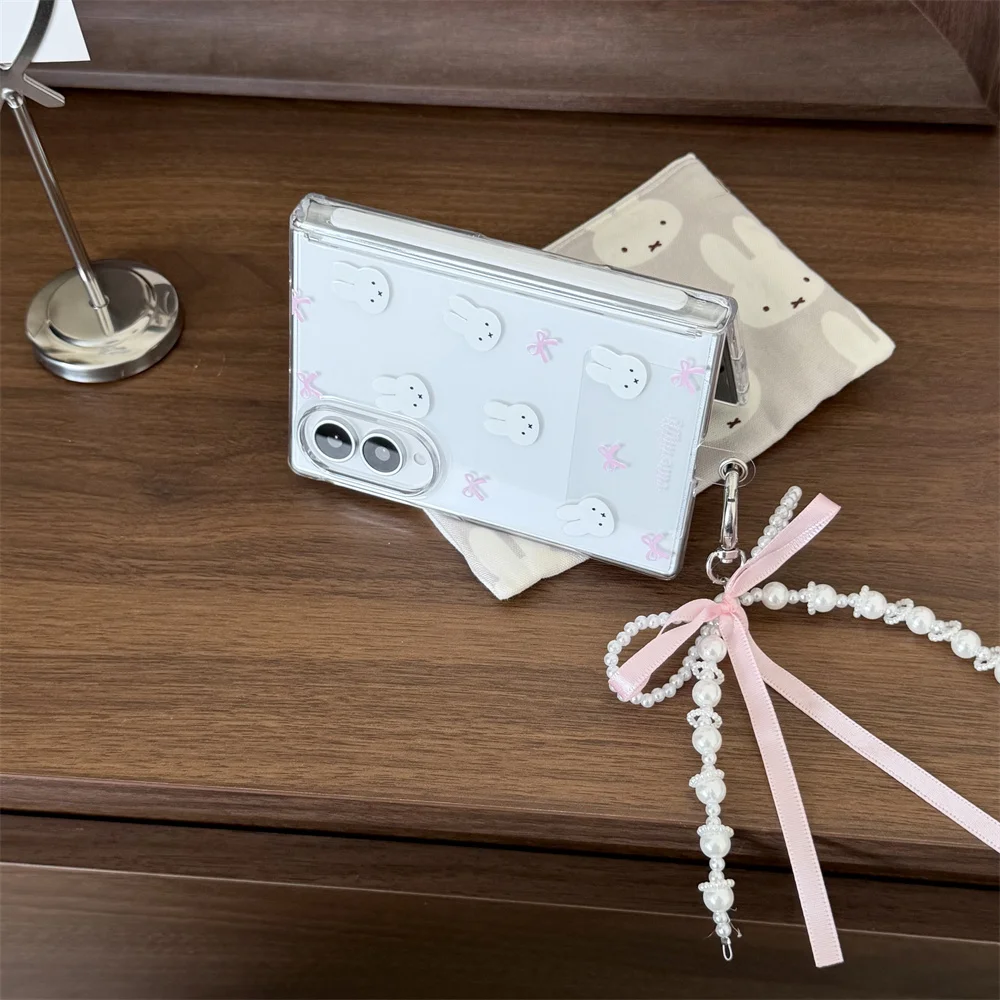 Cute White miffy Rabbit Pink Bow Phone Case For Samsung Galaxy Z Fold8 Clear Hard Cover With Bow Wrist Hinge Foldable Shell