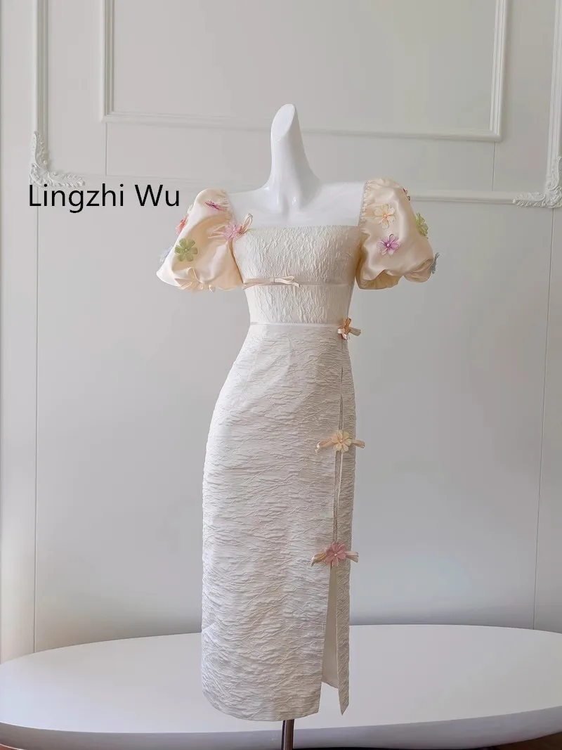 Lingzhi Wu French Design Three-Dimensional Flower Puff Sleeve Dress Square Collar Formal Long Dress Top Quality Vintage Vestidos