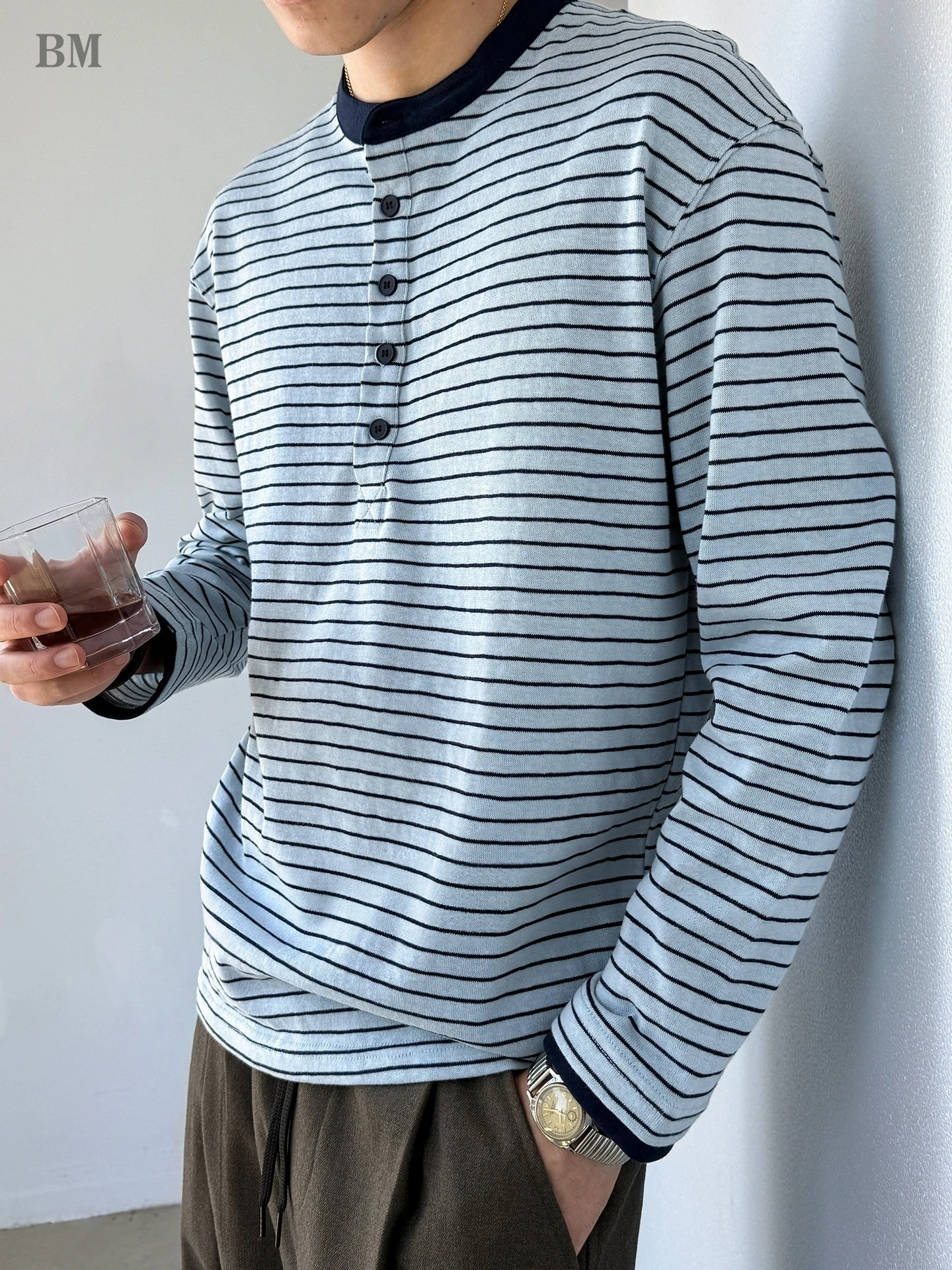Mens Striped T Shirt Henley Long Sleeve Pullover Casual Loose Vintage American Trendy Undershirt Top Comfortable Spring Autumn