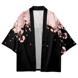 Elegancki kardigan kimono z różowymi topami z nadrukiem kwiatowym - wysokiej jakości odzież azjatycka dla kobiet i mężczyzn 4XL