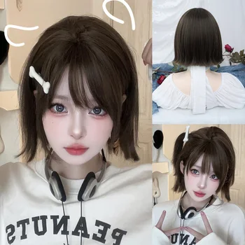 12 אינץ מגניב חום פאות סינטטיות עם המפץ בינוני אורך שיער ישר טבעי פאה לנשים שימוש יומיומי קוספליי עמיד בחום