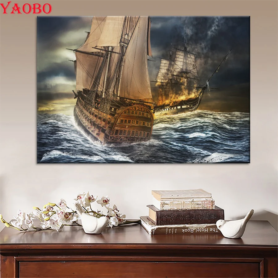 5D DIY Diamond Painting Ships Sea Storm Battle Scene Diamond Mosaic Picture Of Rhinestones Embroidery beads Cross Stitch kit