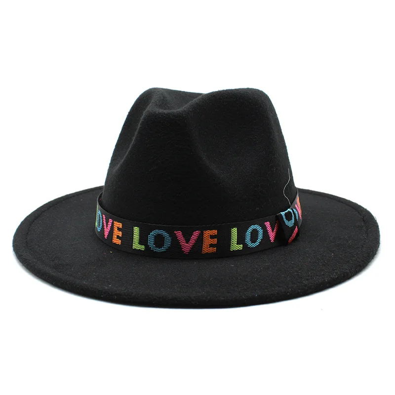 

European And American Autumn And Winter New Ribbon LOVE Broad Brimmed Hat Fashion Flat Brim Top Hat Men Women Woolen Fedora Hat