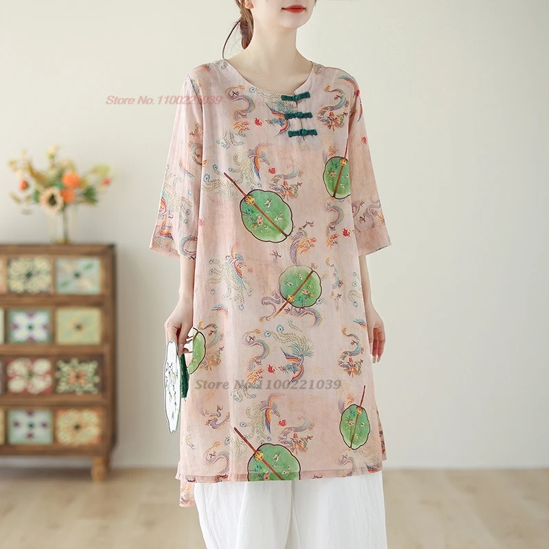 

2024 traditional chinese vintage folk blouse national flower print o-neck loose blouse oriental tang suit ethnic hanfu tops