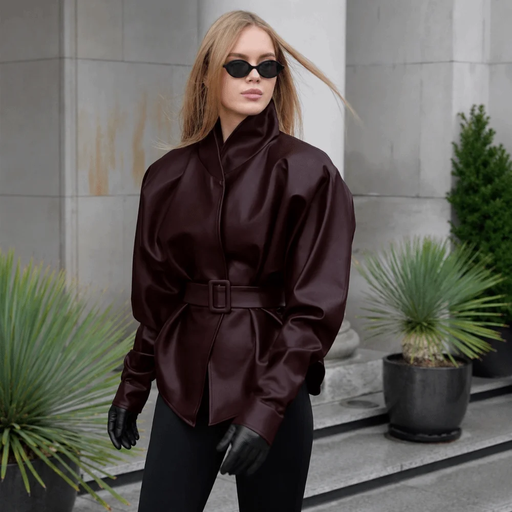 Vintage Leather Jacket Garment Tie Waist Frame Mid Length Cut Women Fashion Top Cool Street Style Stand Collar Waist Tie Outfit
