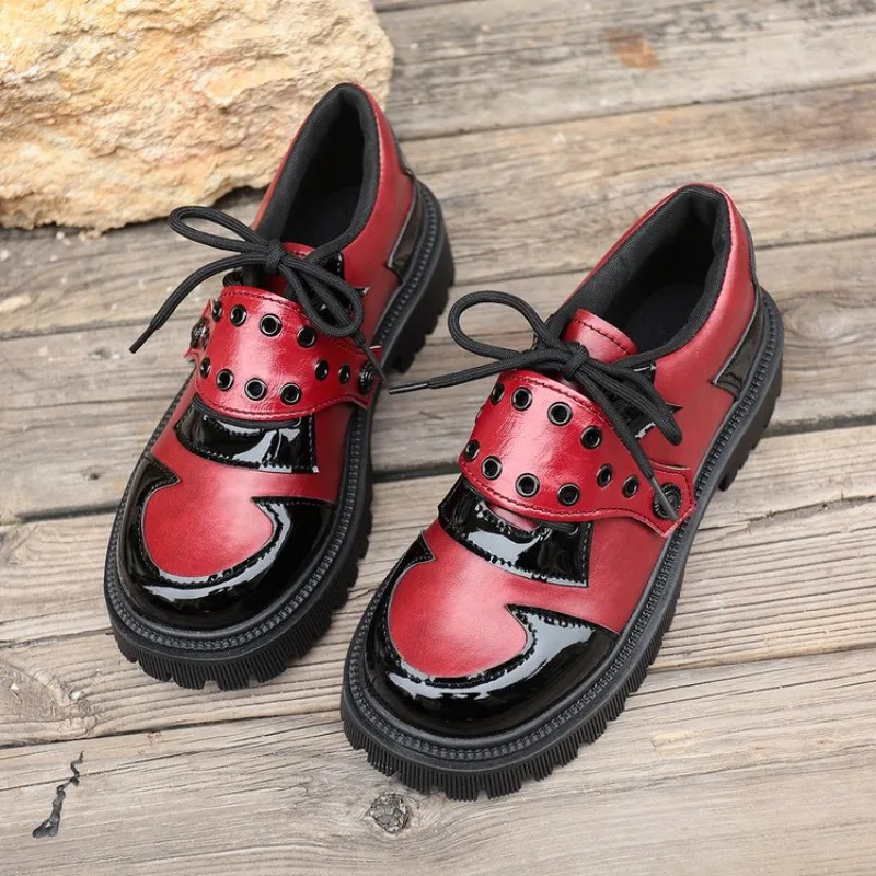 Platform Oxford Shoes Women Comfortable Plus Size 43 Lace Up Pu Leather Shoes Woman Red Thick Sole Loafers - view 5