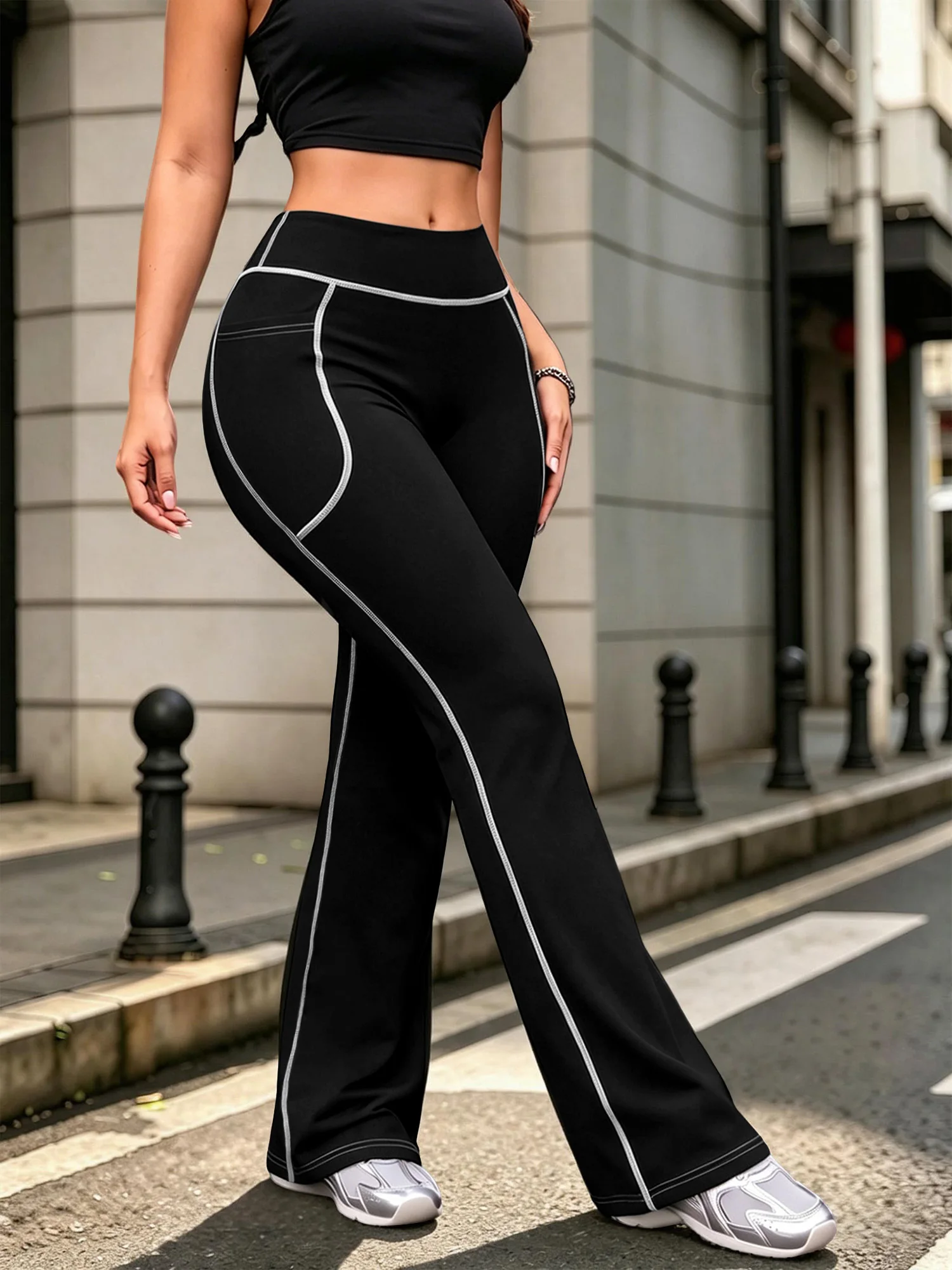 Slim Shaping White Stitch Flare Casual Pants High Waist Elastic Bootcut Side Storage Pocket Female Daily Pants