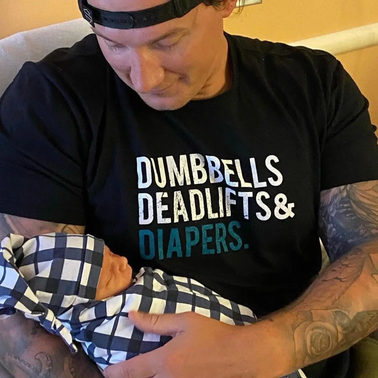 Original Dumbbells, Deadlifts & Diapers Dad Gift Shirt (Black) - New Dad Tee for Men with Kids or Baby